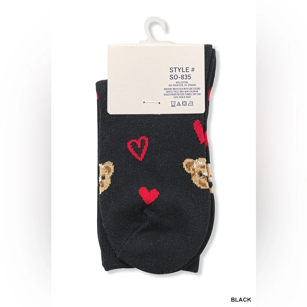 NWT Zenana Black & Grey Teddy Bear Heart Crew Socks Cozy Cute Gift One Size